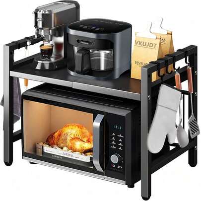 Estante para microondas,Estante de Microondas Extensible y Ajustable Altura de 2 Niveles,Estante de Almacenamiento de Metal para Cocina con 6 Ganchos,para Cocina Encimera Utensilios de Cocina Horno