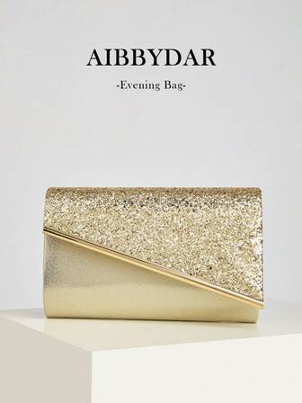 Bolso de noche para mujer AIBBYDAR, cartera de mano con purpurina sólida de color dorado a la moda para damas, adecuado para vestidos de noche, billetera portátil, bolsa de cosméticos, con correa de hombro de metal desmontable, para boda, baile, reunión, fiesta