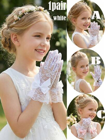 1 Pair Girl & Girls' White Bow Lace Gloves, Ultra Stretch Lace Gloves For Wedding, Pageant, Flower Girl, Dance Performance & Birthday Princess Photo Props (Toddler To Teen)