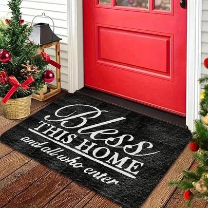 1 Piece "Bless This Place And All Who Enter" Non-Slip Doormat - Rubber Base, Elegant Cursive Welcome Mat, Black And White Entry Mat, Suitable For Indoor Use, Hand Washable Mat, Suitable For Bathroom, Porch, Living Room (All Seasons)