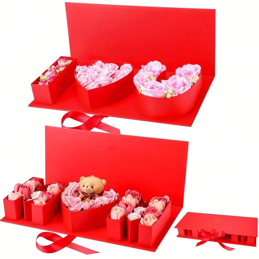 Gift Box With "I Love You" & "Mom" Flower Bouquet And Letter - Comes With Ribbon, Can Be Filled With Gifts Like Chocolates, Fresh Flowers, Souvenirs, Perfect For Mother's Day Or Birthday