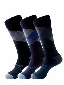 3 Pairs Random Color Men's Socks, Classic Diamond Pattern Reinforced Bottom Mid-Calf Dress Socks, Spring/Autumn - Grey - View 8