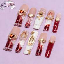Nailplus 10Pcs Aquarium Long Square Press-On Nails - Pure Handmade Wearable Nails With 3D Starfish Charms, Ocean Wave Accents, Iridescent Shimmer Details & Mermaid Pastel Tones, Y2K Style, Perfect For Beach Vacation, Summer Parties & Afternoon Tea Gatherings,Great Gift For Women & Girls - 彩色 - 查看 12