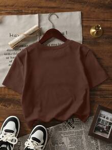 女士夏季新款休闲修身百搭圆领短款T恤，时尚日常穿着及度假上衣 - 棕色 - 查看 7