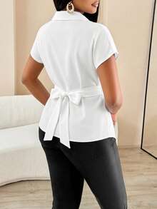 AIJ Áo sơ mi nữ mùa hè kẻ sọc, cài cúc, vạt áo bất đối xứng, tay ngắn kiểu cánh dơi, kiểu áo quấn, thanh lịch cho mùa thu, thích hợp cho đi làm, đi chơi, dạo phố. - trắng - Xem 2