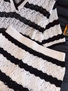 女士条纹 Polo 领短裤套装，时尚休闲宽松镂空薄针织两件套度假装，春夏款 - 白色 - 查看 9