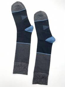 1 Pair Men's Socks, Spring/Autumn, Gentleman Business Style, Blue Striped & Black Jacquard Pattern, Reinforced Sole, Mid-Calf Length - Grey - View 6