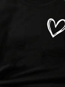 女童夏季休闲爱心印花圆领短袖T恤 - 黑色 - 查看 3