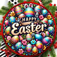 1pc, Happy Easter Vintage Round Wooden Plaque, Wreath Sign, Wreath Enhancement, Hanging Wooden Plaque, Wall/Room/Home/Restaurant/Bar/Cafe/Door/Courtyard/Garage Decor - Multicolor - View 2
