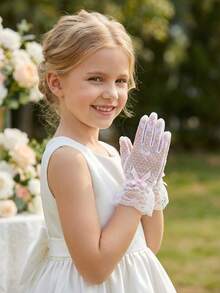 1 双女童/儿童（4-12岁）蝴蝶结蕾丝手套，黑白配色 - 1Pair - 查看 13