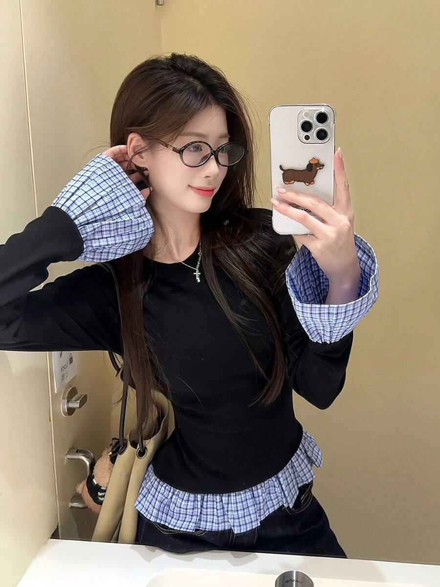 女士春夏格子拼接喇叭袖修身衬衫 - 黑色 - 查看 1