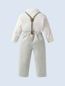 BOARNSEORL 2pcs Young Boys Gentleman Outfit - White Long Sleeve Shirt With Bow Tie And Green Suspender Pants, Fashion & Elegant For Birthday Party, Wedding, Anniversary Celebration - Green - View 4