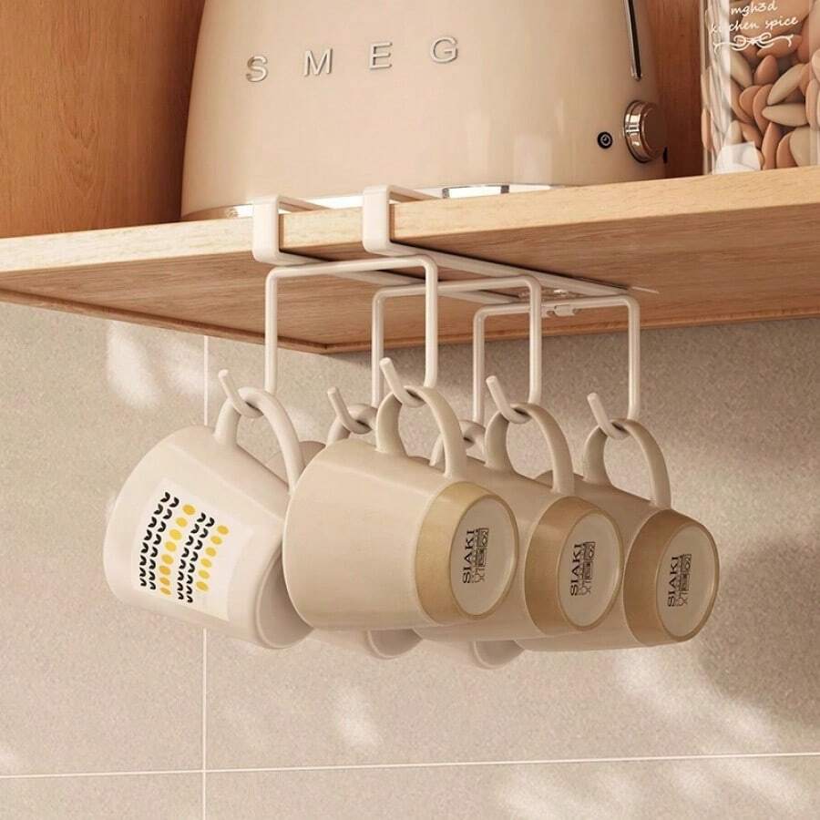1pc Wall Mounted Cup Holder | Metal Art Wall Mounted Mug Storage Rack With Hooks, Under Cabinet Coffee/Tea Cup Drying Rack, Modern Style - Multicolor - View 1