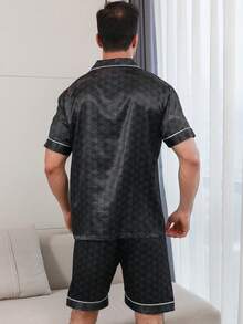 2pcs Men's Satin Silk Geometric Print Short Sleeve Top And Shorts Pajama Set - Black - View 3
