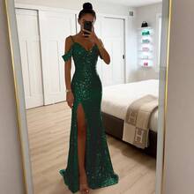 Spring And Autumn New Style Spaghetti Strap Sequin Split Dress Casual Loose Party Dress - 墨綠色 - 查看 11