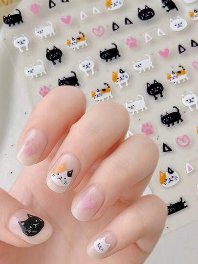 1PC Cartoon Cat & Paw Nail Stickers - Self-Adhesive Decals With Hearts & Triangles, Ideal For Cute DIY Manicures, Holiday Gifts For Women & Girls Nail Supplies