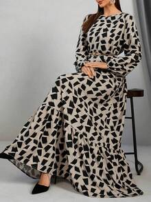 女士休闲全印花超长阿拉伯风格连衣裙，情人节阿巴雅长袍，端庄开斋节连衣裙 - 彩色 - 查看 1