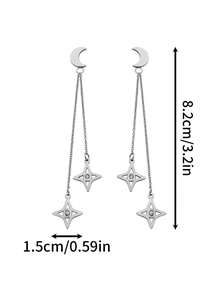 Mazuer 一对Y2K时尚水晶星月双链流苏耳环，不锈钢材质，适合女性佩戴，可用于派对、约会、通勤等场合。 - 銀色 - 查看 2