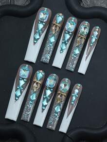 CrystalHola Valentine's Day 10 Pcs Handmade Press-On Nails, Square Long Nails, Y2K Color, Black And Pink Nail Base With Black Pom-Pom, 3D Flowers, Exquisite Accessories, Full Coverage, Removable And Reusable, , Unique Summer Nail Art, A Must-Have Fashion Accessory For Parties And Weddings. Nail Supplies - Multicolor - View 2