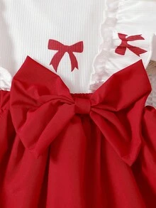 HAO6 Baby Girl Newborn Spring/Summer Infant Girls Romper, Round Neck Short Sleeve Ruffle Design With Bowknot Floral Pattern And Waist Bowknot Decoration, Matching Headband, Sweet And Cute Style - Red - View 4