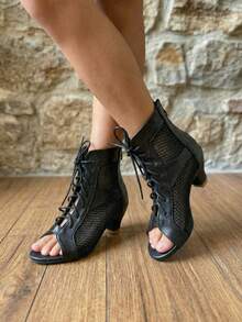 1 par de sandalias de tacón alto de moda para niñas, negras, versátiles y fáciles de limpiar, con cordones cruzados, empeine hueco, de caña alta con cremallera trasera, de punta abierta, adecuadas para fiestas y reuniones - Negro - Ver 4