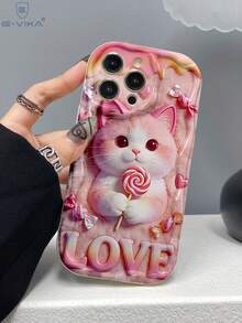 1个时尚2D（非3D）情人节粉色猫咪印花加厚防震手机保护壳，兼容苹果及苹果Series手机 - 彩色 - 查看 2