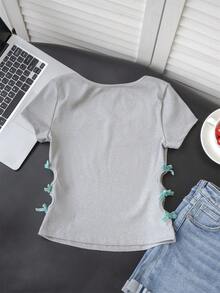 Women's Hollow Out Bow Tie Short Sleeve T-Shirt, Sexy Slim Fit Summer Top - Grey - View 8