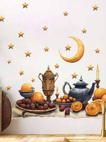 1pc Ramadan Mubarak Watercolor Wall Sticker - Self-Adhesive PVC Moon, Star & Food Pattern Decals, Suitable For Bedroom, Living Room, Kitchen - Perfect Holiday Home Decor Gift - Multicolor - View 5