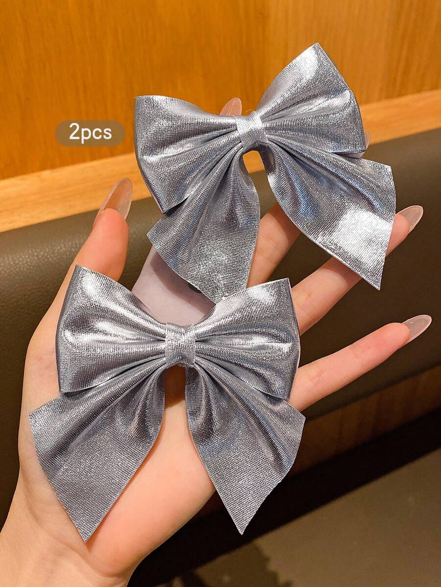 2pcs Silver Bowknot Hair Clips, Sweet Style Hair Accessories Suitable For Everyday Use, Affordable - Silver - View 1