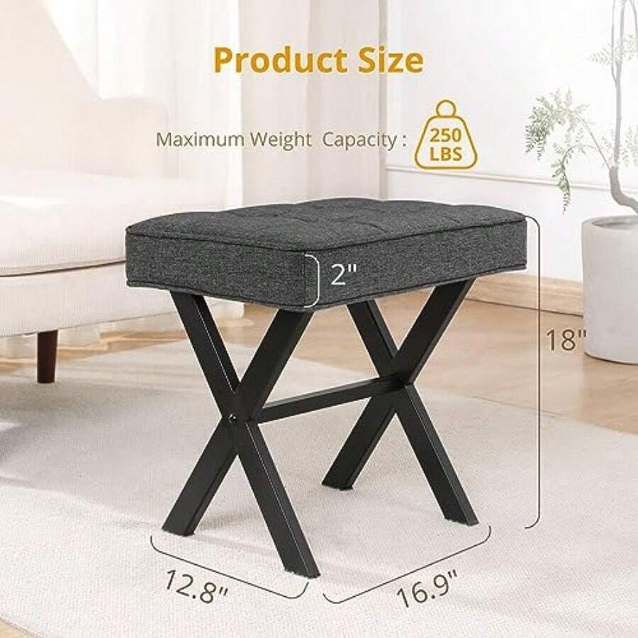 LUE BONA - Taburete de cambiador taburete cua de lino con patas de metal X silla otomana pequeña para cambiador moderno taburete acolchado para reposar pies para sala de  sala de - gris carbn - Ver 1