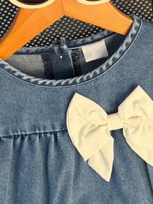 Baby Girl Cute Casual Bow Decor Sleeveless Dress, Suitable For Daily, Outdoor, Street, School, Commute, Party In Summer - Blue - View 3