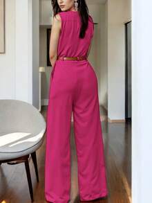 Sexy Ladies Jumpsuit With Belt Fashion - 玫紅色 - View 2