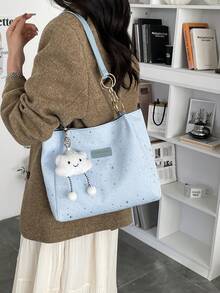 1 chiếc túi đeo vai cỡ lớn bằng polyester họa tiết mây và sao, có khóa kéo, thời trang cho nữ sử dụng hàng ngày. - Màu xanh nhạt - Xem 5
