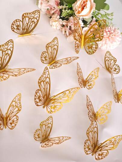 12pcs/Set 3D Hollow Butterfly Wall Stickers, Cake Decor, Wedding Decor, Living Room Home Decor