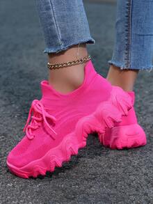 Platform Sneakers For Women Extra Wide Fit, Neon Pink Chunky Sole, Breathable Knit With Free Anklet - Màu Hồng Tươi - Xem 5