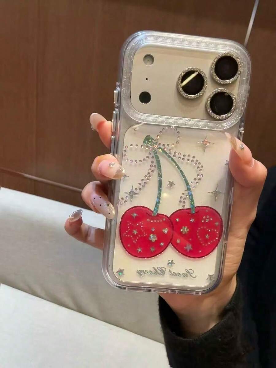 优雅的激光蝴蝶樱桃图案手机壳，兼容苹果 16/17 Pro Max/15 Pro，防震全包保护壳，兼容 14/13 - 無色 - 查看 1