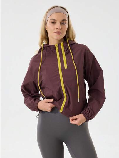 女士春季外套，撞色双拉链连帽设计，带抽绳，有内衬，时尚短款上衣，适合日常外出、运动和各种造型。