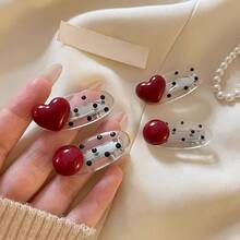 2pcs Red Heart Polka Dot Duckbill Hair Clips - Vintage Sweet Style Side Bangs Clips, Gentle Grip Hair Accessories For Women & S, Cute Everyday Hair Clips, Duckbill Clip Design YQME - Heart Shape * 2 - View 2