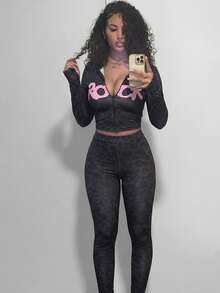 Women's Casual Hooded Zip-Up 2 Pieces Set, Leopard Print Graphic Sweatshirt Paired With Stretchy Skinny Pants - Grey - View 4