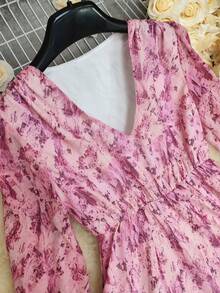 Women's Vintage Blue Ruffle Hem Dress - Long Sleeves V-Neck, Asymmetrical Detailing, Bohemian Dress Casual To Dressy, Bohemian Style, Bohemian Dress | Vintage Style Dress, Women's Evening Maxi Dress For Party, Dance, Concert, Holiday, Fashionable And Elegant Western Style - 西瓜粉 - 查看 5