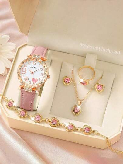 6/5pcs Set, Elegant Girl, Graceful Fashion, Firework Dial Design Quartz Watch, Suitable For Girls, Can Be Matched With Rhinestone Necklace, Bracelet, Ring And Earring Set. Suitable As Birthday/Holiday Gift For Girls. Also Great For Daily Use, Such As Christmas Gift, Back To School, Parties. Graduation Season, Valentine's Day, Christmas - Perfect Gift For Girls