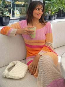 Senya 女士圆领撞色条纹长袖针织连衣裙，甜美优雅风格，适合日常休闲穿着、约会、情人节、婚礼、休闲派对、机场穿搭、海滩度假等场合，2026 夏季新款 - 亮橙色 - 查看 2