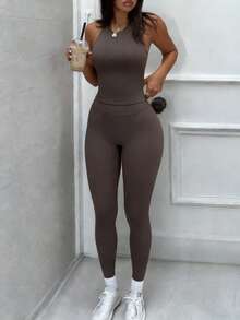 GAOVOT Women's Two Pieces Spring/Summer Sports Casual Sexy Neck Tank Top And High-Waisted Bodycon Pantsuit For Running Exercise Yoga Gym Clothes - Brown - View 9