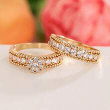 女士两件套铜戒指，优雅复古新娘叠戴戒指，镶嵌闪亮锆石，日常/婚礼首饰，情人节礼物 - 婚禮對戒1 - 查看 11