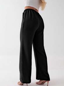 Women's Duna Fabric Wide Leg Pants With Elastic Waistband, Loose Fit, With Pocket, Summer, Spring, Casual, Simple, Vacation - 黑色 - 查看 6