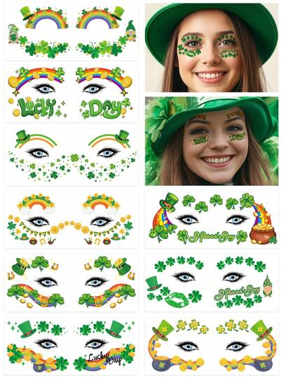 10 Sheets Of Green Clover Facial Decorative Stickers, Clover Fake Tattoos, Waterproof And Detachable, Four-Leaf Clover Stickers, St. Patrick's Day