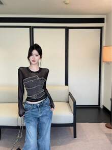 性感设计牛仔铆钉撞色网纱长袖上衣，修身剪裁，春秋季 - 黑灰色 - 查看 2