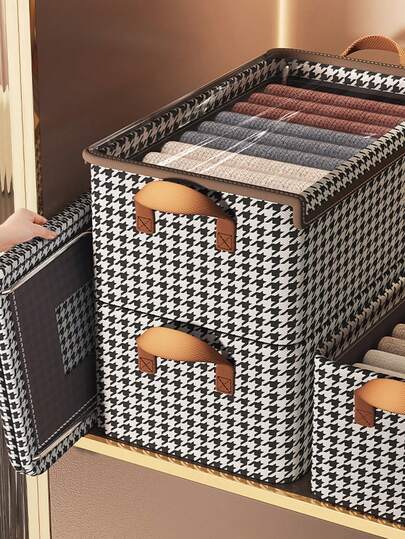 1pc Houndstooth Pattern Storage Box With Lid, Foldable Wardrobe Storage Bin For Clothes, Garments, Pants, Household Use