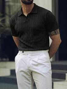 Herr kortärmad pikétröja med geometrisk textur och avslappnad passform, svart - Svart - Visa 1