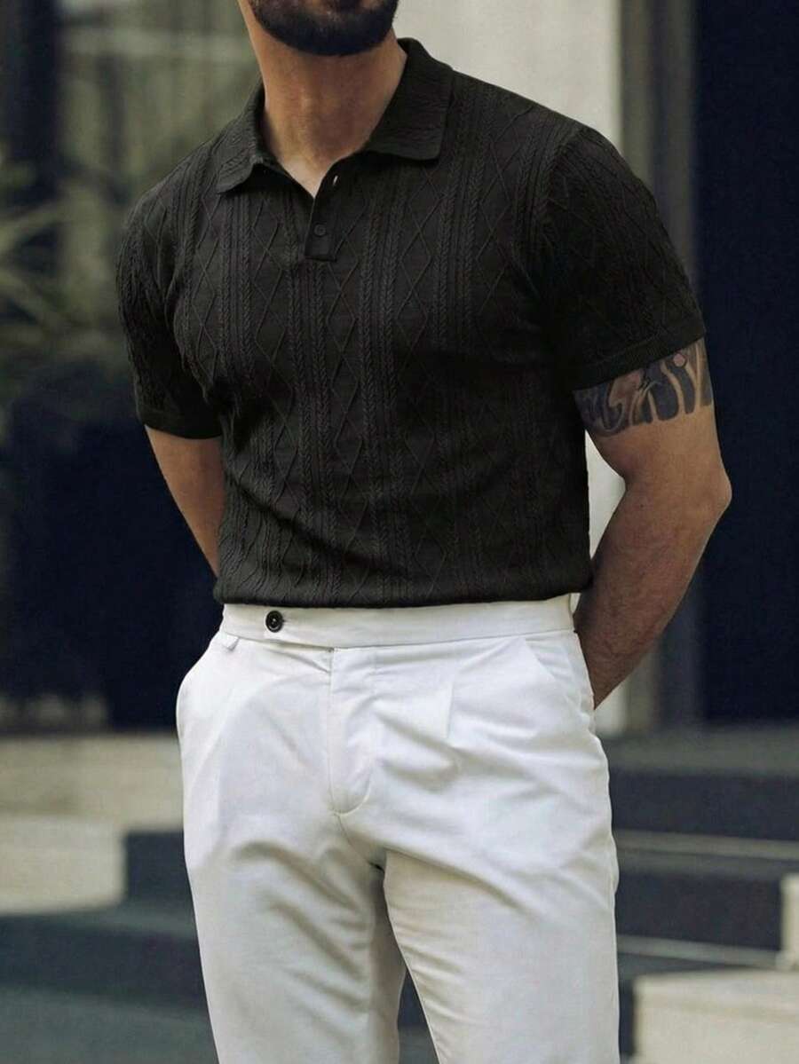 Herr kortärmad pikétröja med geometrisk textur och avslappnad passform, svart - Svart - Visa 1